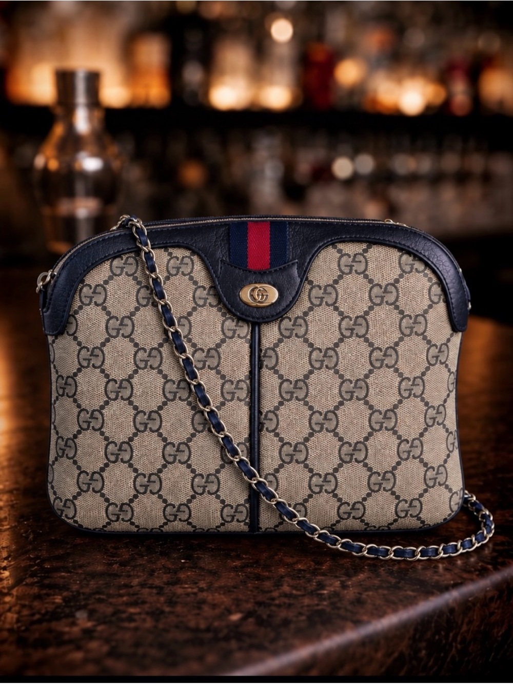 Gucci Beige GG Supreme Crossbody Blue & Red Web Stripe 2 straps-chain & original